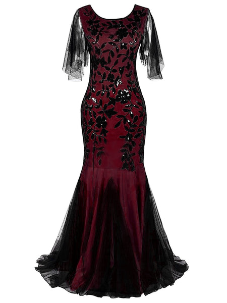 Wine Red 1920s Sequin Maxi Gowns Dress