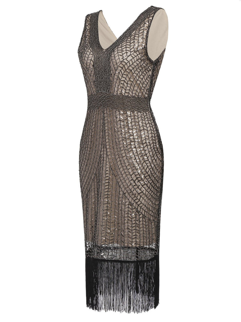 [US Warehouse] Apricot 1920s Sequin Fringe Flapper Dress