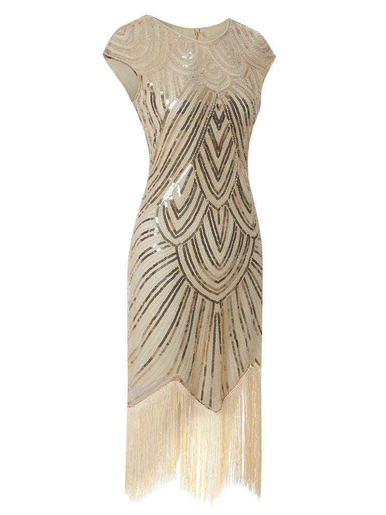 [US Warehouse] Apricot 1920s Sequin Beaded Fringed Dress