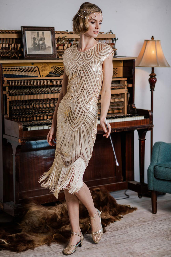 [US Warehouse] Apricot 1920s Sequin Beaded Fringed Dress
