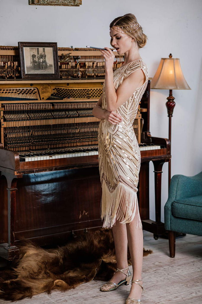 [US Warehouse] Apricot 1920s Sequin Beaded Fringed Dress