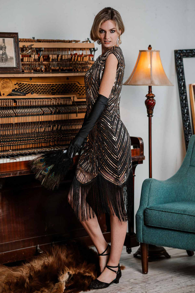 [US Warehouse] Gold 1920s Sequin Beaded Fringed Dress