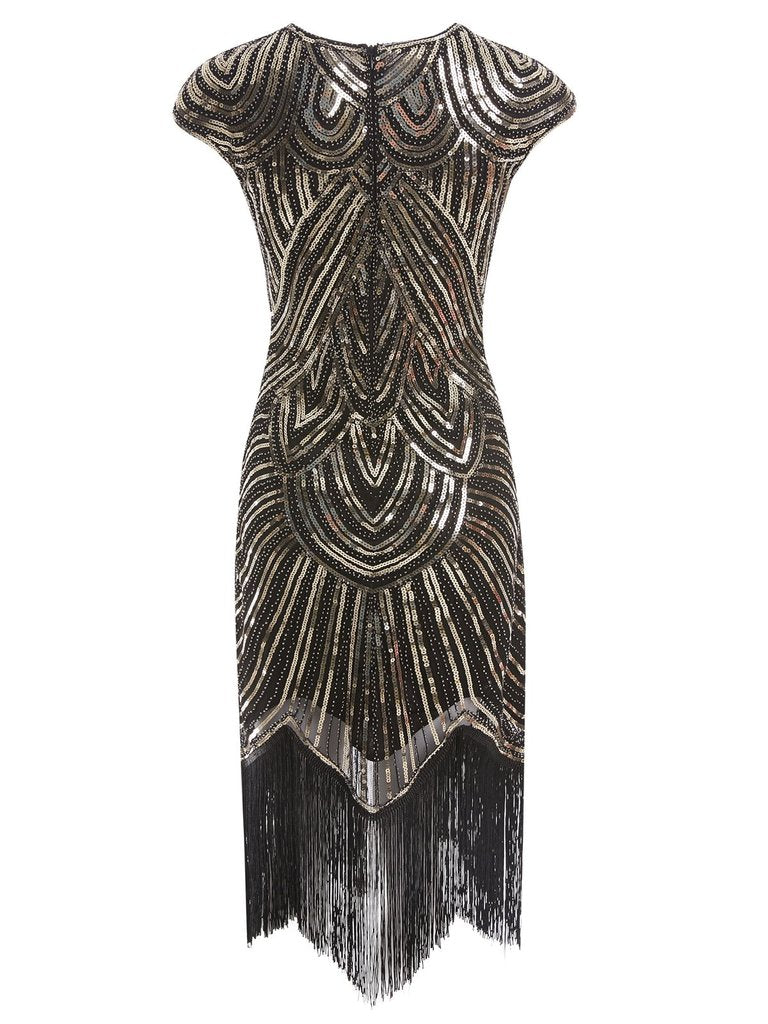 US Warehouse Gold 1920s Sequin Beaded Fringed Dress Retro Stage
