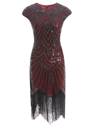 US Only Wine Red 1920s Sequin Beaded Fringed Dress