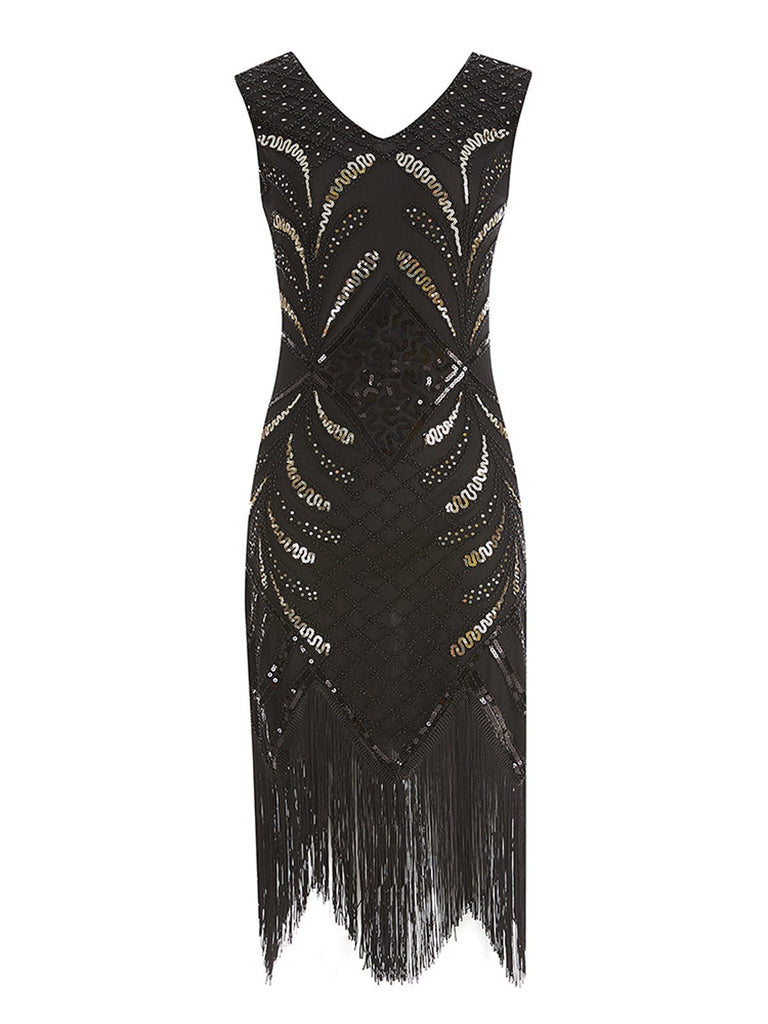 Black 1920s Sequin Fringed Gatsby Dress