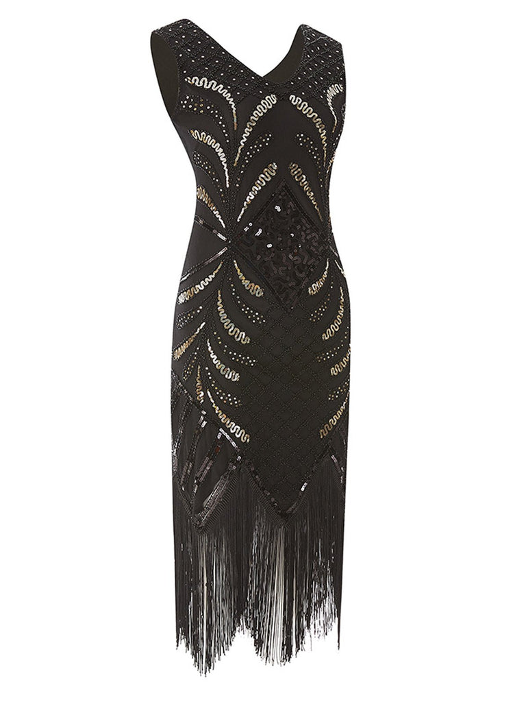 Black 1920s Sequin Fringed Gatsby Dress