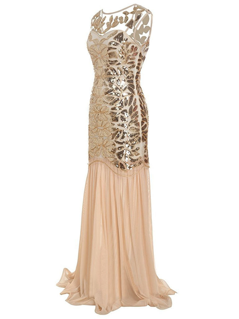 [Clearance] Apricot 1920s Sequin Maxi Flapper Dress - US