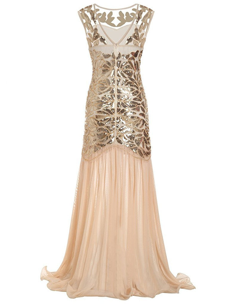 [Clearance] Apricot 1920s Sequin Maxi Flapper Dress - US