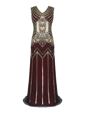 [US Warehouse] Wine Red 1920s Sequin Flapper Maxi Dress