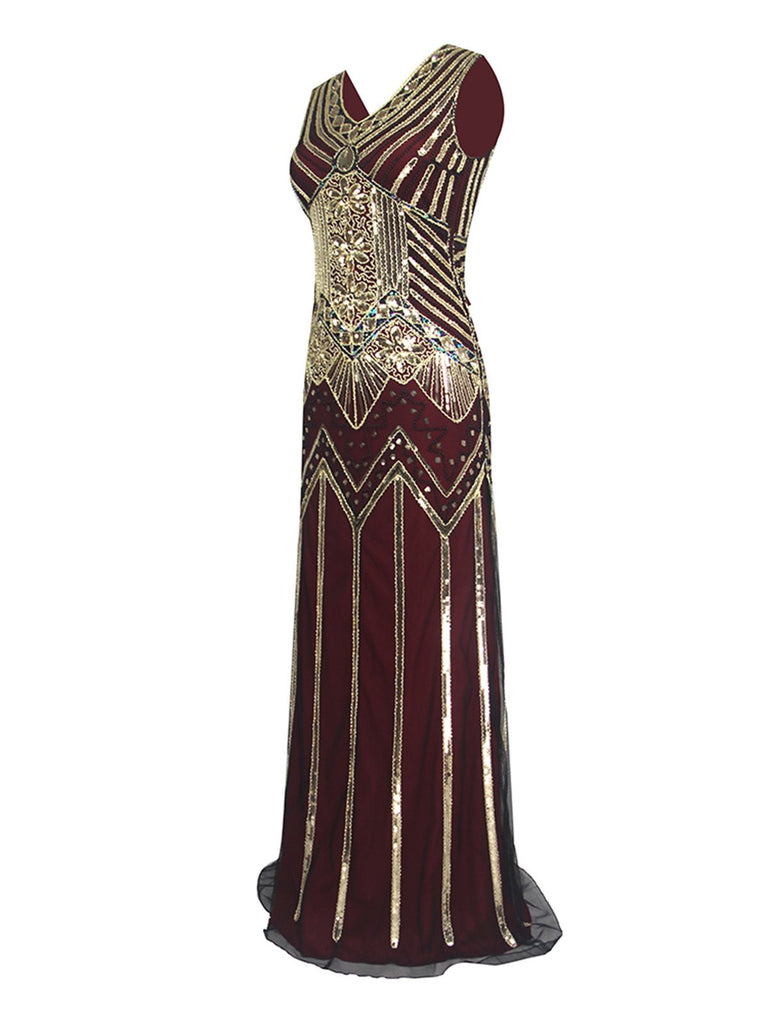 [US Warehouse] Wine Red 1920s Sequin Flapper Maxi Dress