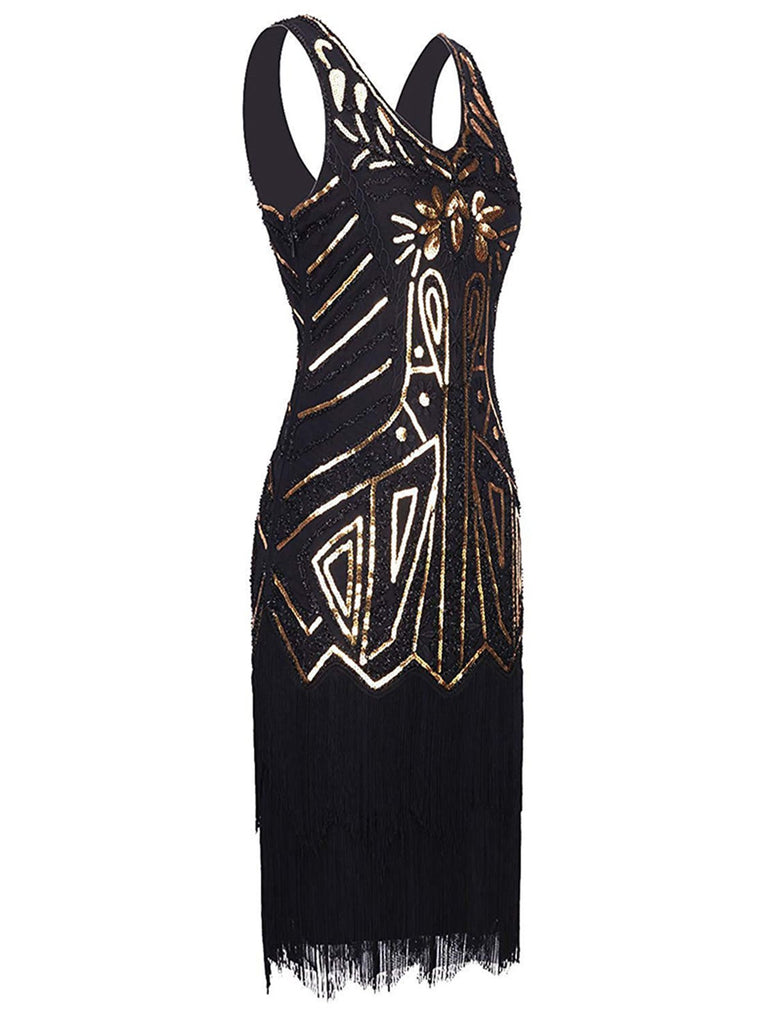 US Only Black 1920sSequin Fringed Flapper Dress