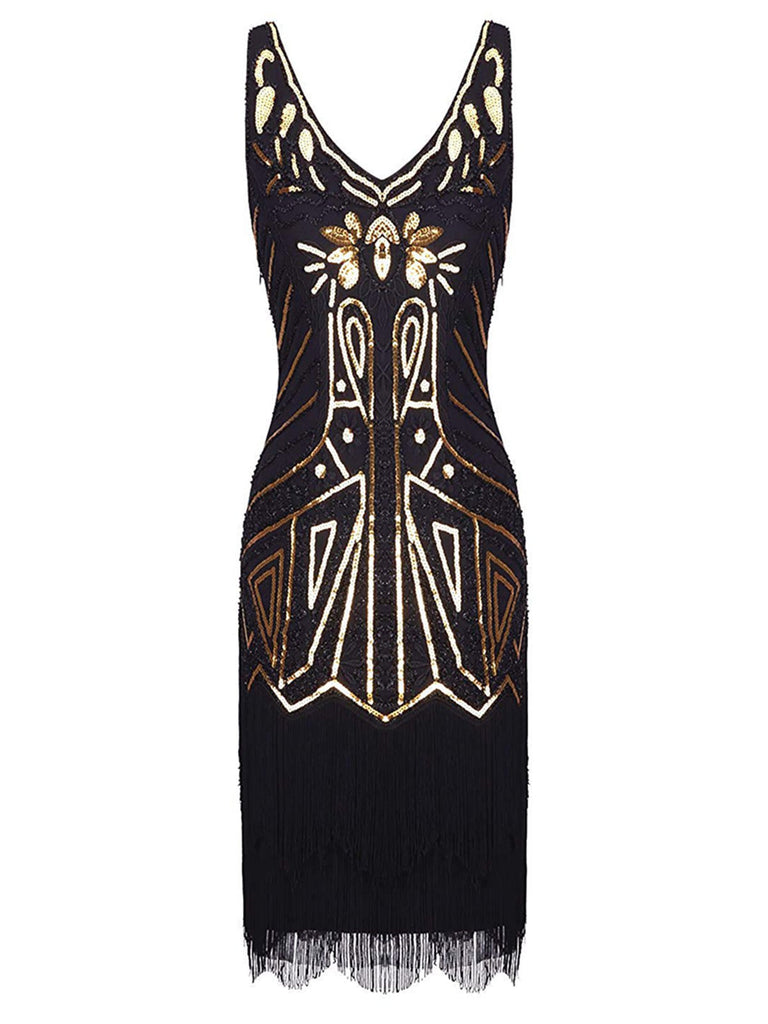 US Only Black 1920sSequin Fringed Flapper Dress