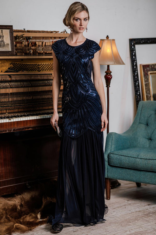 Retro Stage 1920s Embroidery Sequin Maxi Dress Blue