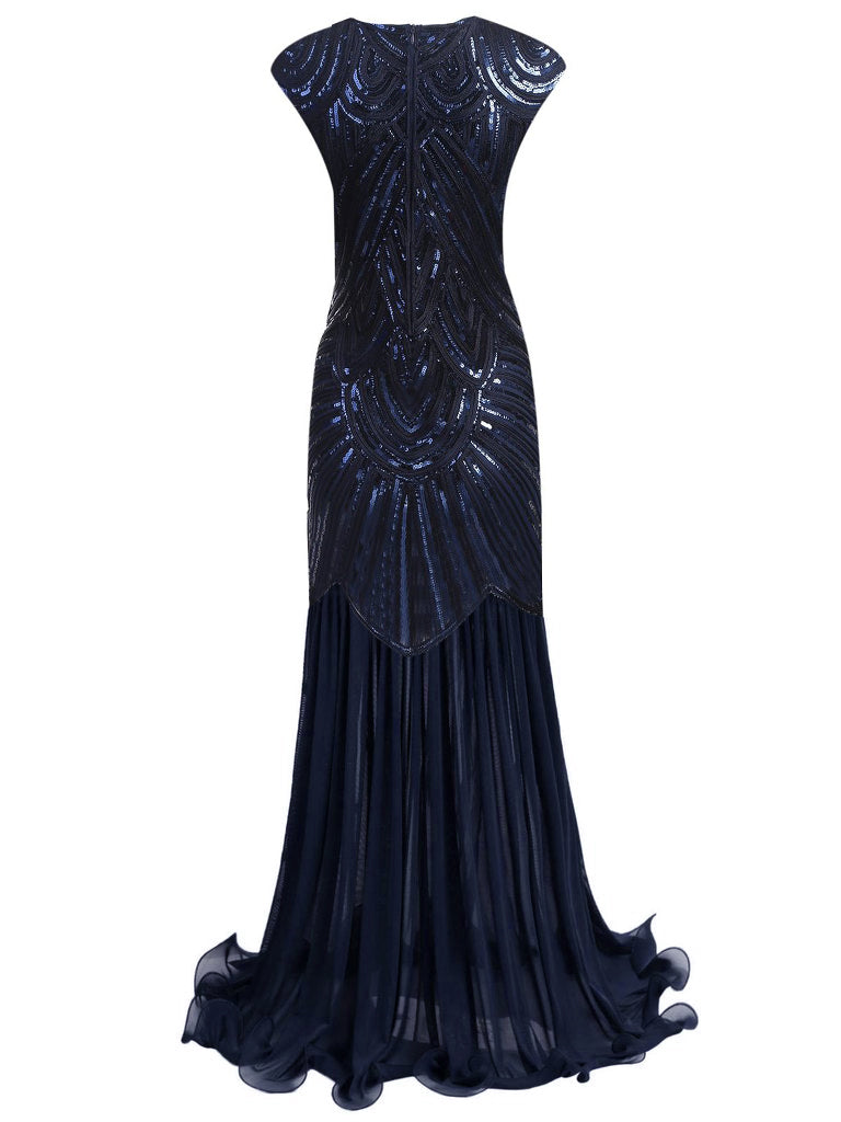 [US Warehouse] Blue 1920s Embroidery Sequin Maxi Dress