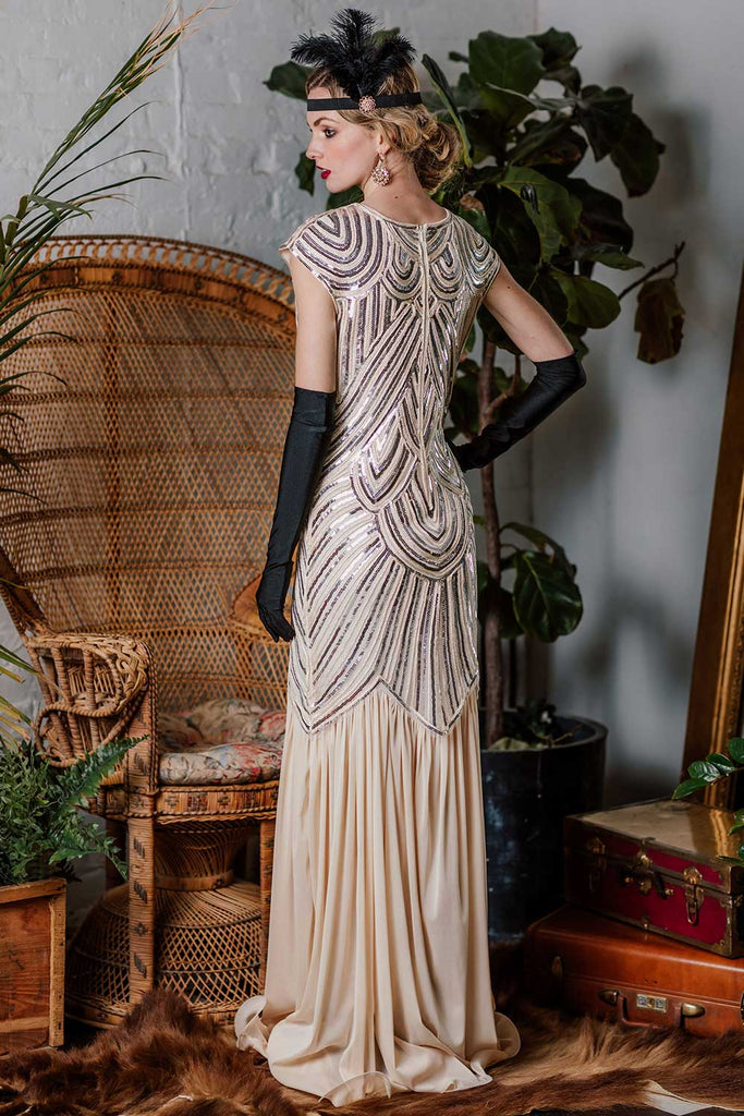 [US Warehouse] Pink 1920s Embroidery Sequin Maxi Dress