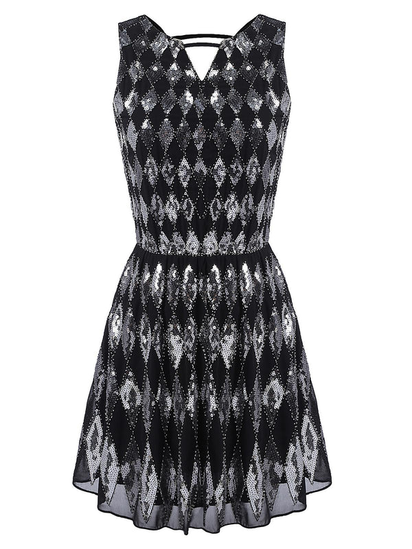 Retro Stage 1920s Sequined BAackless Geometric Dress BLack,L