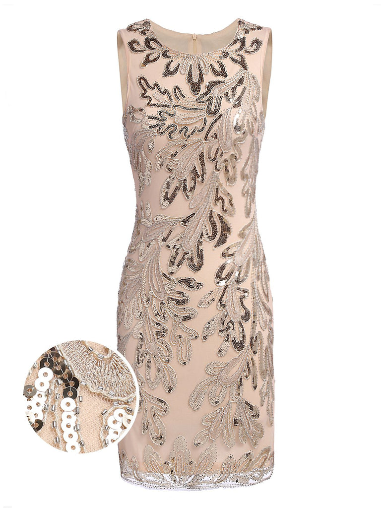 [US Warehouse] Pink 1920s Sequined Foral Sleeveless Dress