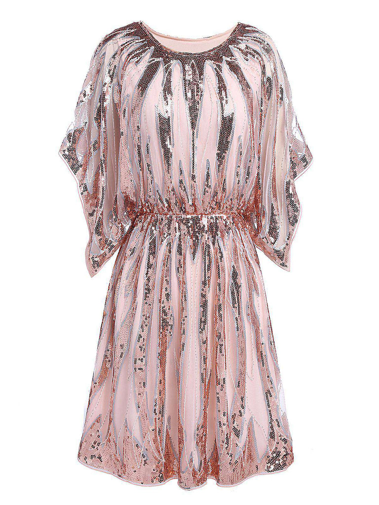 [US Warehouse] Pink 1920s Sequined Flare Sleeve Dress