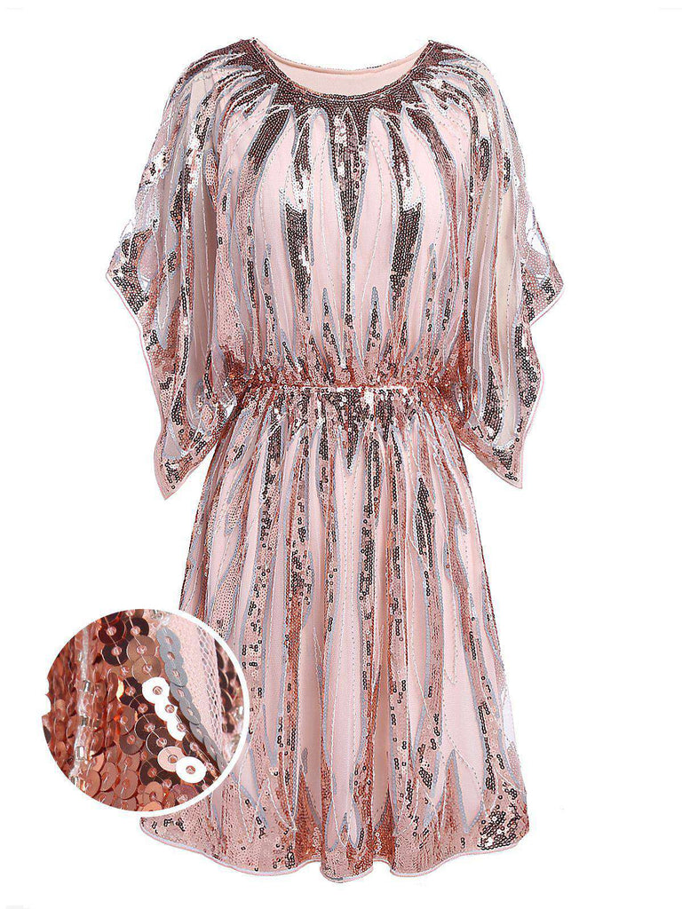 [US Warehouse] Pink 1920s Sequined Flare Sleeve Dress