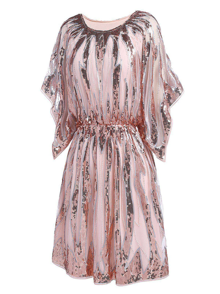 [US Warehouse] Pink 1920s Sequined Flare Sleeve Dress