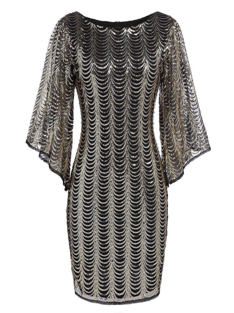 [US Warehouse] Gold 1920s Sequined Flare Sleeve Dress
