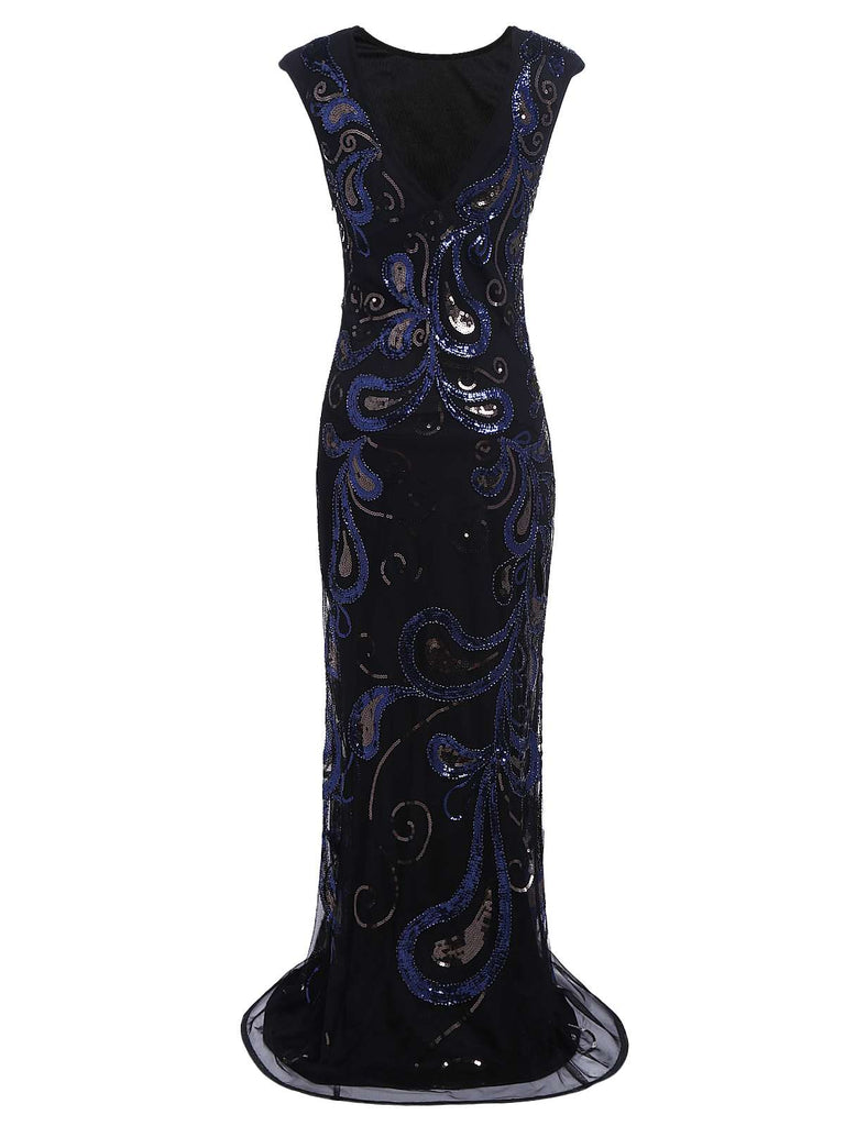 [US Warehouse] Dark Blue 1920s Sequined Maxi Dress