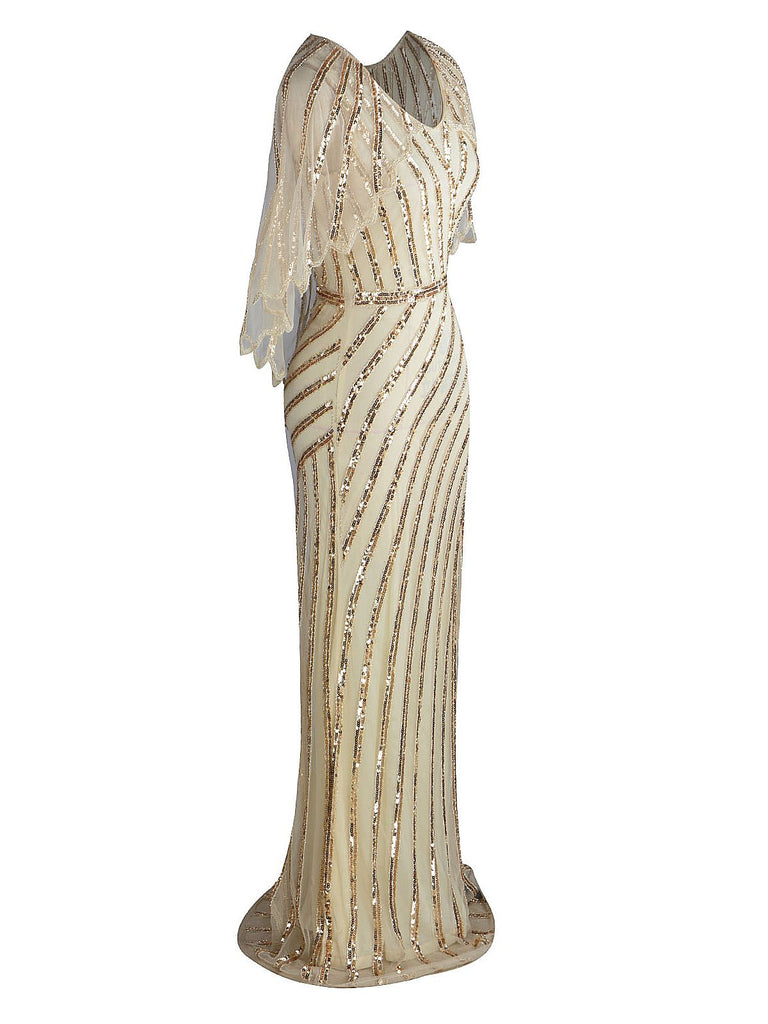 1920s Mesh Sequined Cape Maxi Dress
