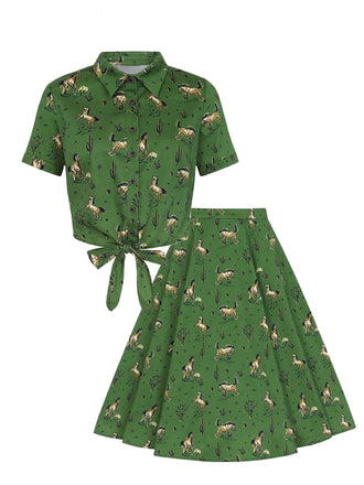 2PCS Green 1970s Horse Blouse Top & Skirt