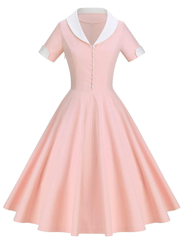 Pink 1950s Solid Button Swing Dress