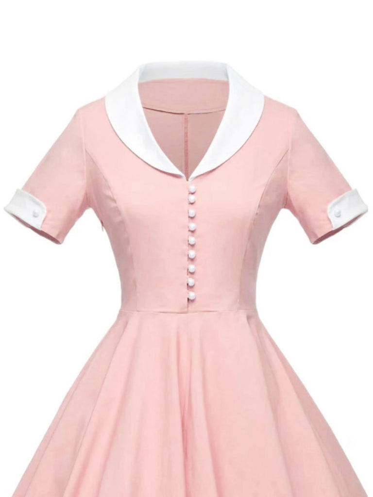 Pink 1950s Solid Button Swing Dress