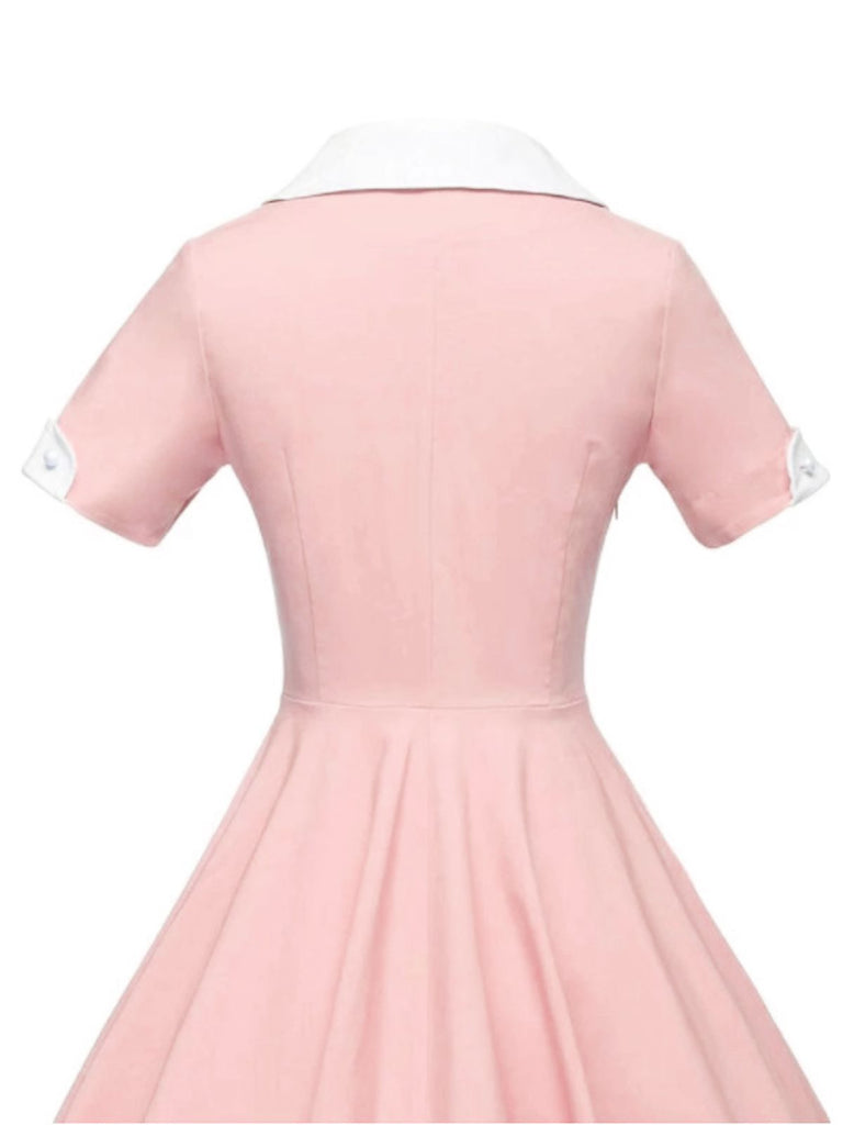 Pink 1950s Solid Button Swing Dress