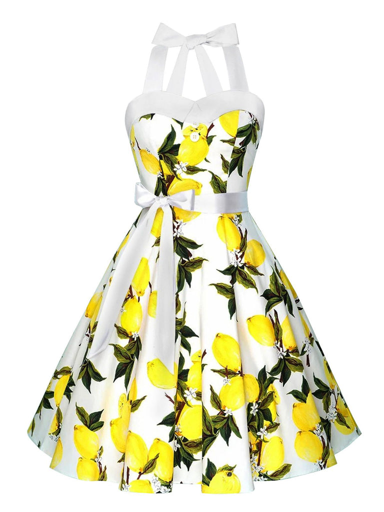 White 1950s Lemon Halter Swing Dress