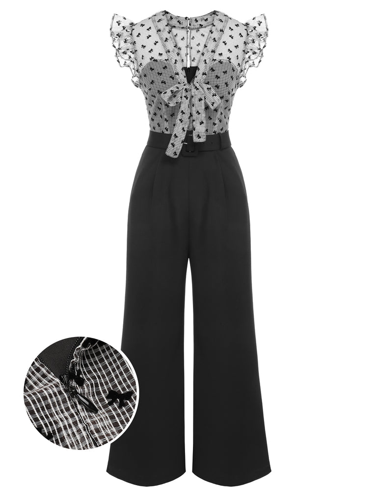 Black 1930s Mesh Bow-knot Patchwork Jumpsuit