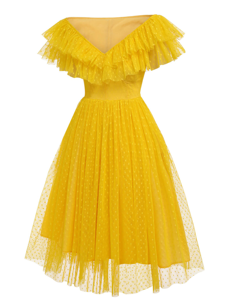 Yellow 1950s Dots Off-Shoulder Mesh Swing Dress