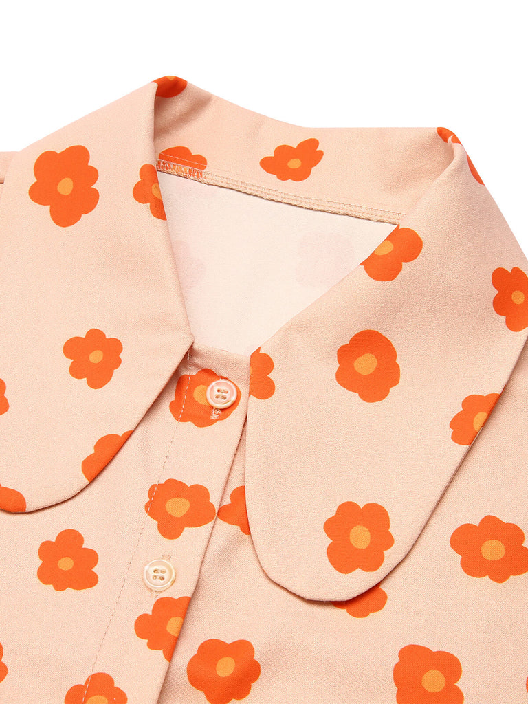 [Pre-Sale] 2PCS Orange 1960s Floral Shirt & Skirt