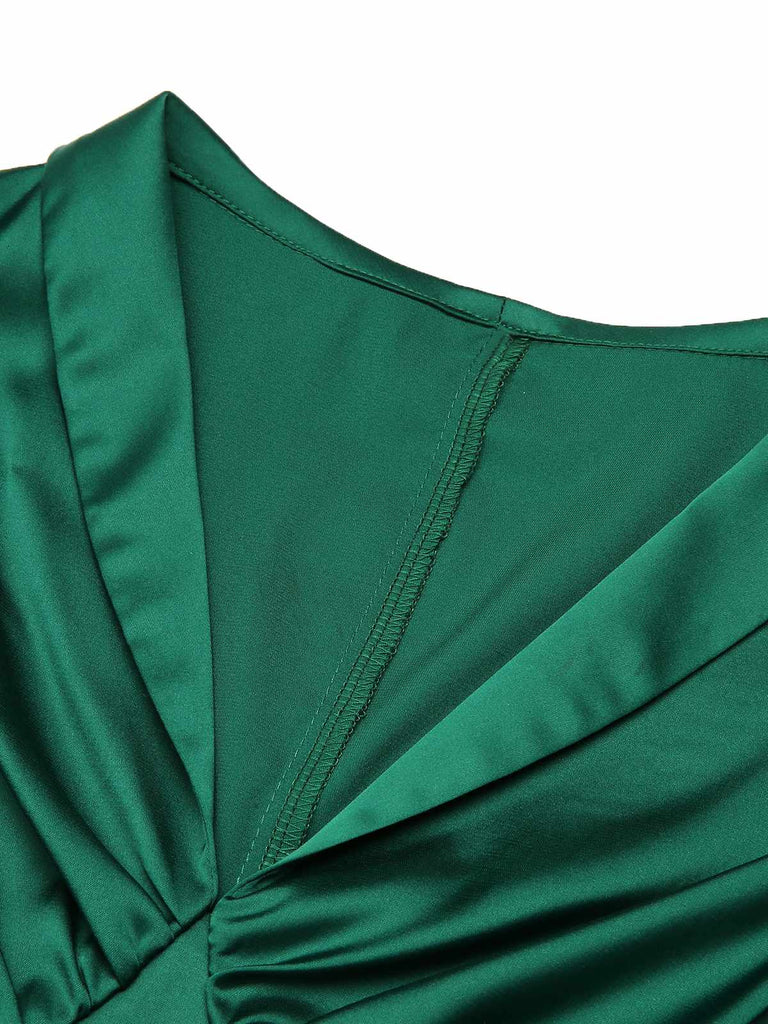 Dark Green 1940s Solid Belt V-Neck Dress