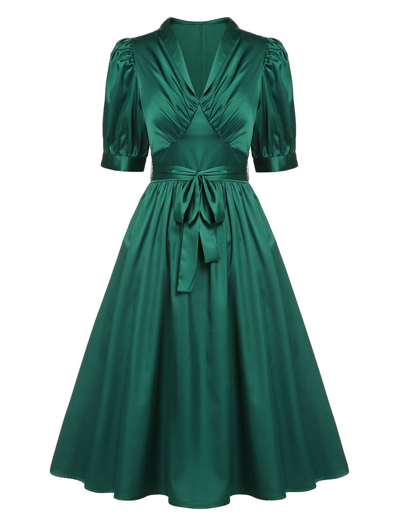 Dark Green 1940s Solid Belt V-Neck Dress – Retro Stage - Chic Vintage ...