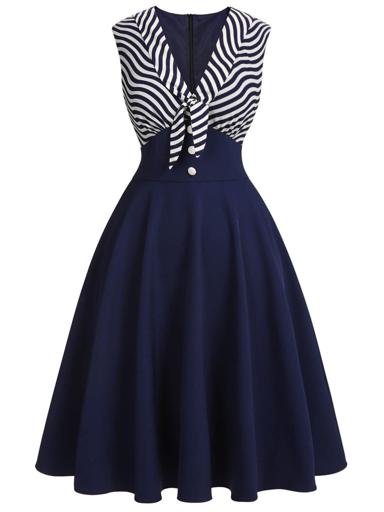 Navy Blue 1950s Striped Patchwork Dress