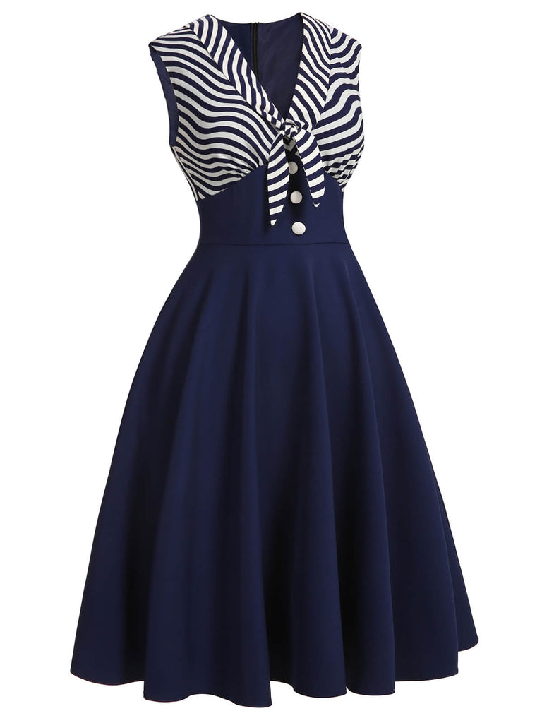 Navy Blue 1950s Striped Patchwork Dress