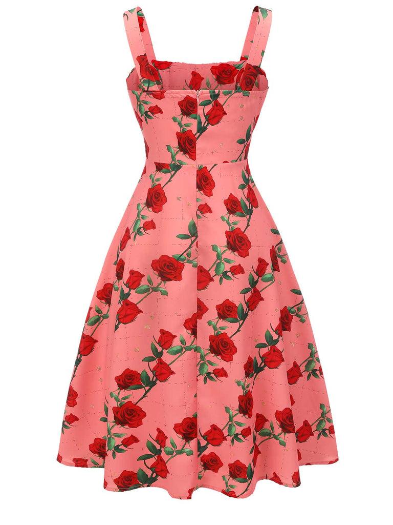 High Waist Suspenders Rose Dress
