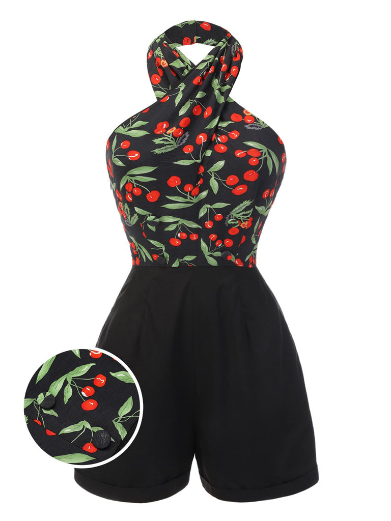 Black 1950s Cherry Cross Halter Romper