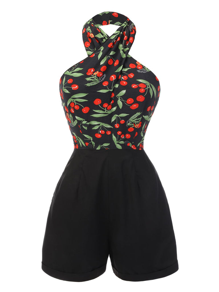 Black 1950s Cherry Cross Halter Romper