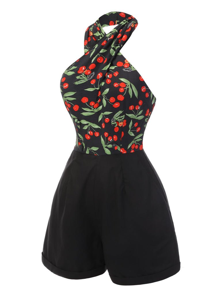 Black 1950s Cherry Cross Halter Romper
