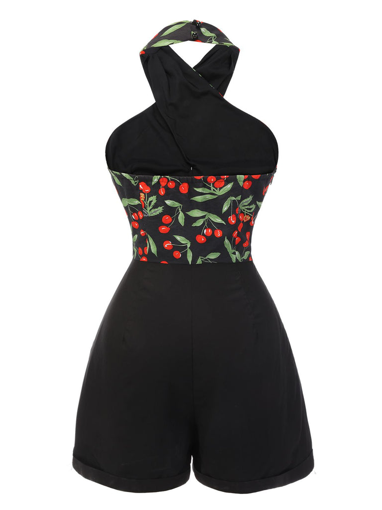 Black 1950s Cherry Cross Halter Romper
