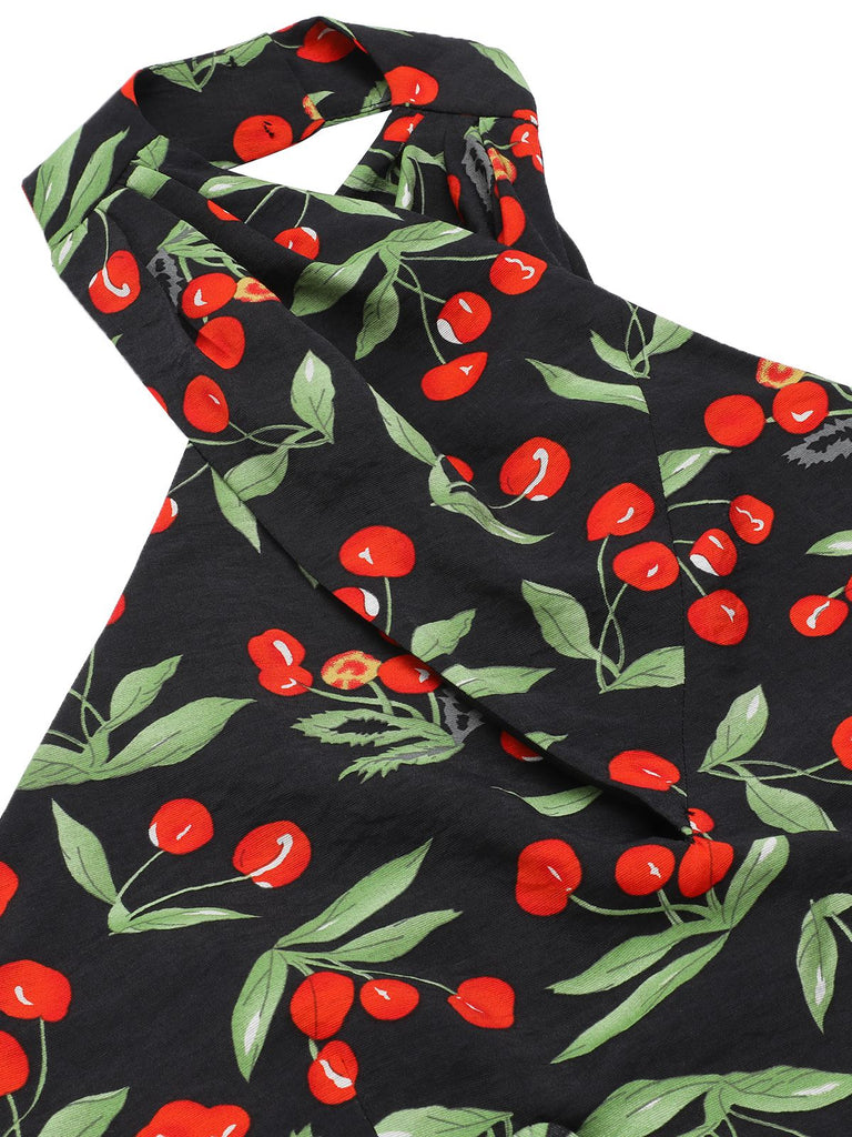 Black 1950s Cherry Cross Halter Romper
