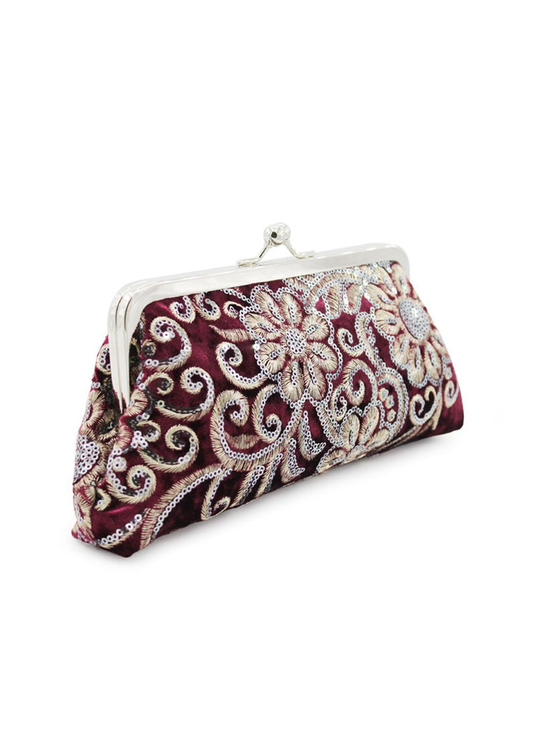 Velvet Embroidery Floral Clutch Bag