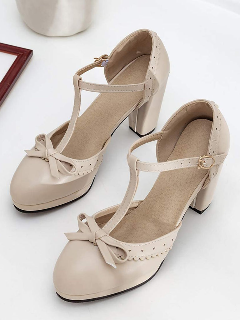 Retro Bow T-Strap High Heels Shoes