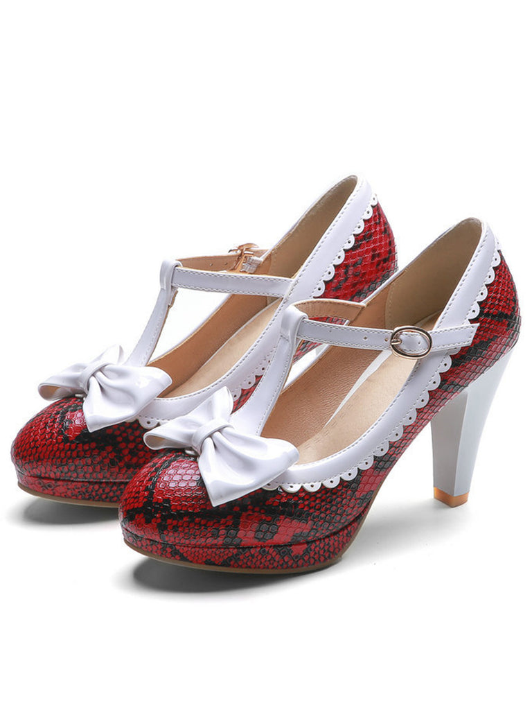 Retro T-Strap Bowknot Chunky Heels Shoes