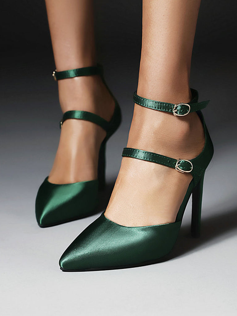 Dark Green Satin Double Buckle Belts High Heel Shoes