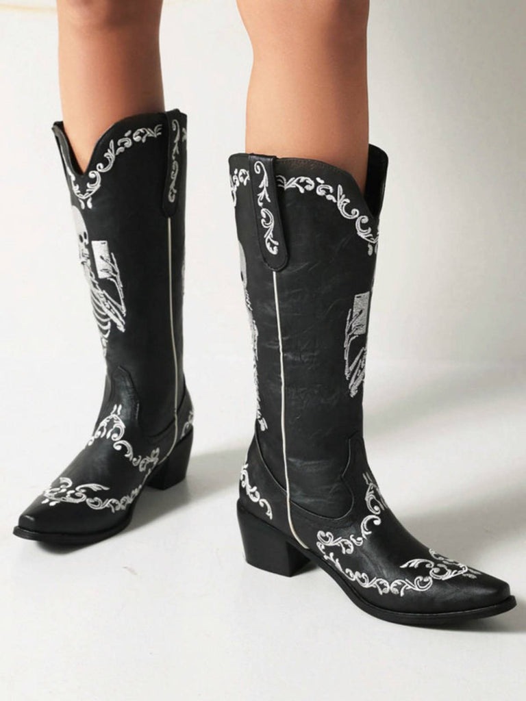 Skeleton Embroidery Pointed Chunky Heels Boots